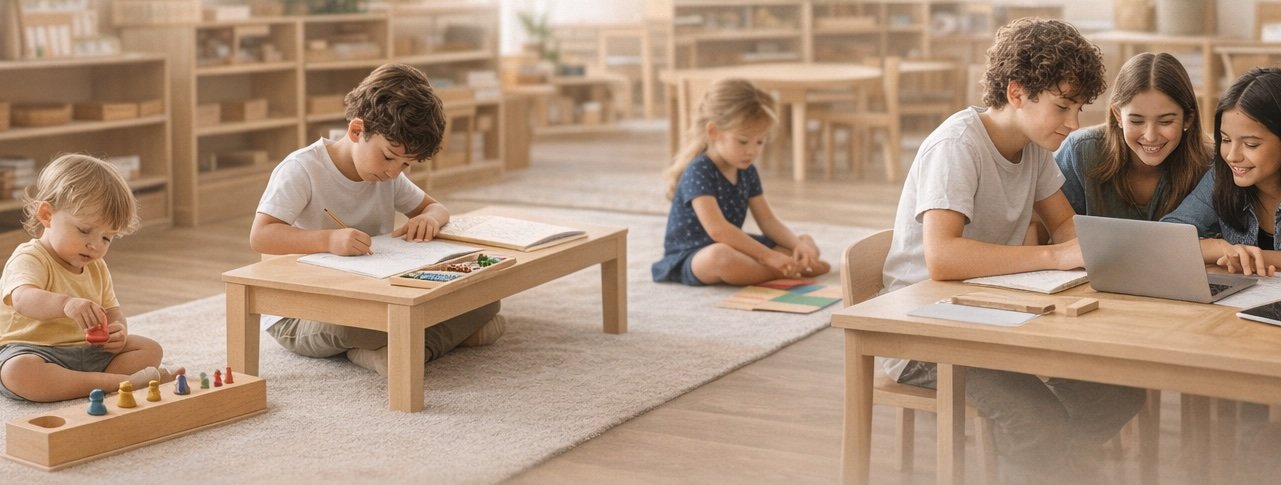 Classe Montessori — lumière naturelle, bois, calme